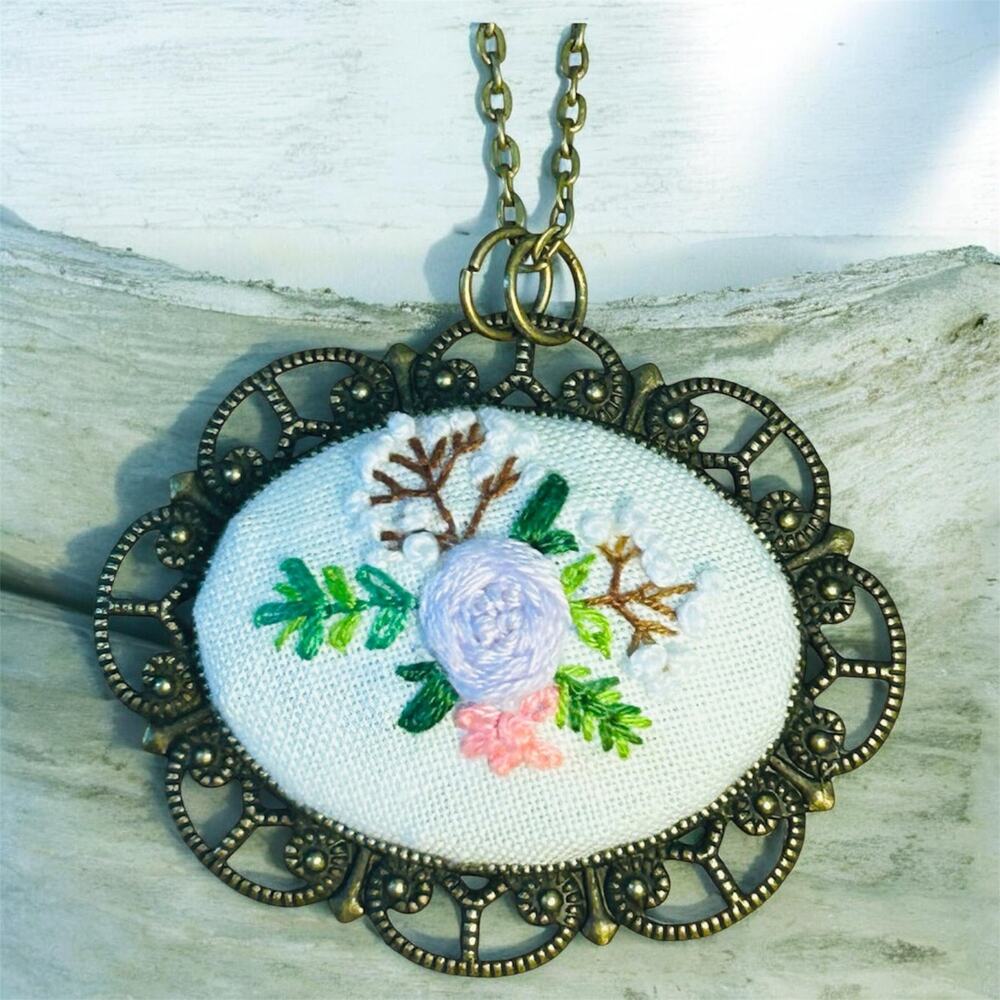Hand-stitched Purple & White Floral Embroidery Pendant Necklace